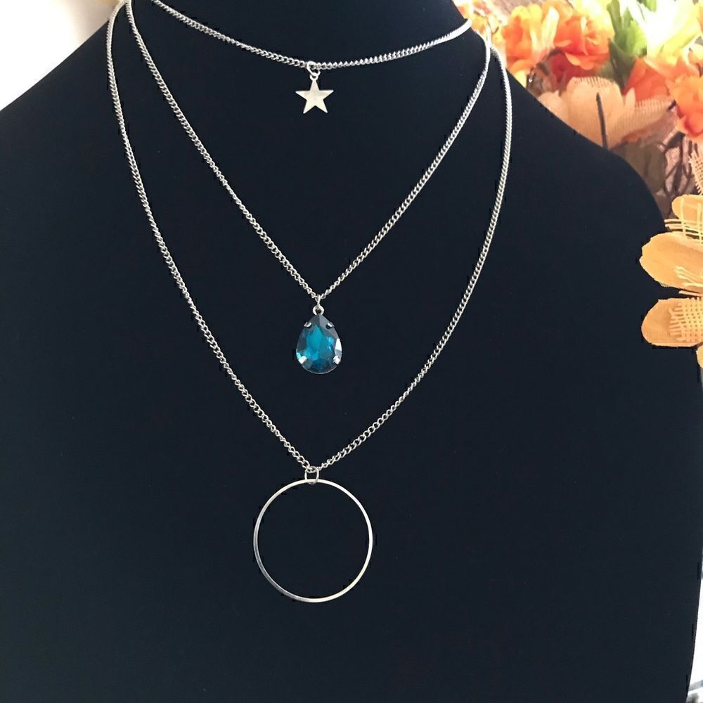 🌟Necklace Silver Blue Hoop Chain🌟 - Picture 2 of 4